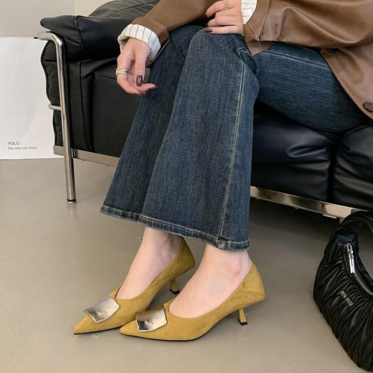 Large size fine heel suede pointed head shallow mouth single shoes women's new metal buckle cat heel temperament versatile evening shoes women