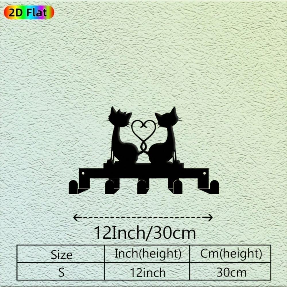 Modern Cat Key Holder with Heart Design Metal Wall Art 5 Hooks Pet Lover Gift Valentine Decor