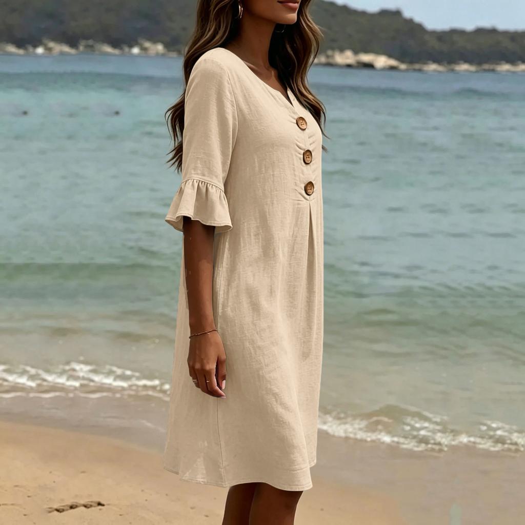 Ladies Summer Dresses Uk Womens Summer Dresses Uk Summer Dresses for Women Uk Linen Loose Fit Button Front Dress V Neck Half Sleeve Casual Style