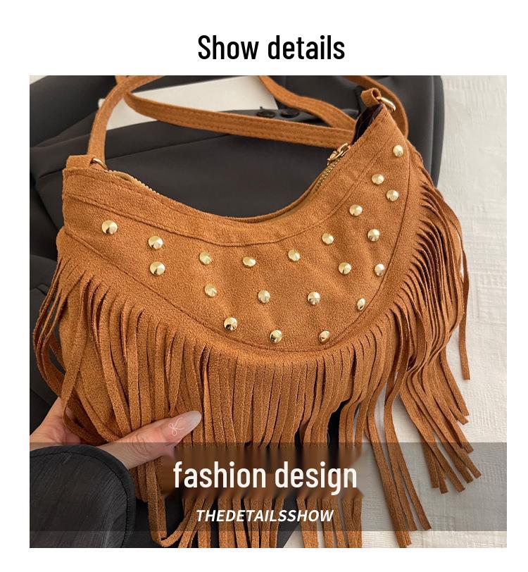 Suede Rivet Tassel Dumpling Bag - Autumn/Winter 2025 Boho One-Shoulder Crossbody