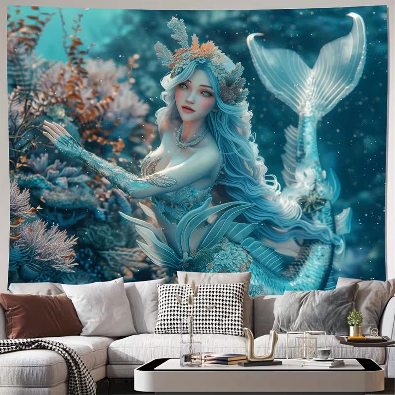 D Blue Mermaid Princess Tapestry, Sea World Aesthetic Wall Art for Room Aesthet