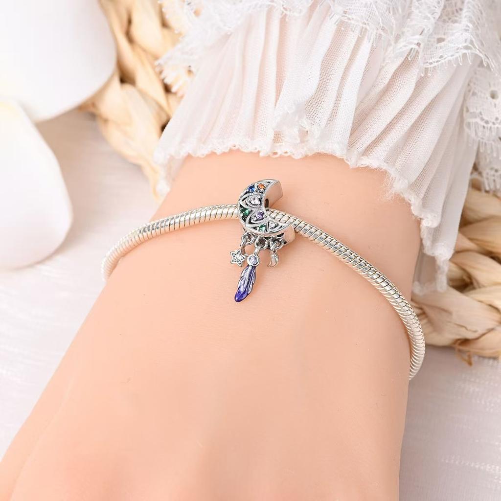 Nowy Srebro 925 Oryginalny Łapacz Snów Sieć Koraliki Księżyc Zawieszka DIY Styl Akcesoria do Biżuterii Bransoletka Charms Biżuteria Prezent