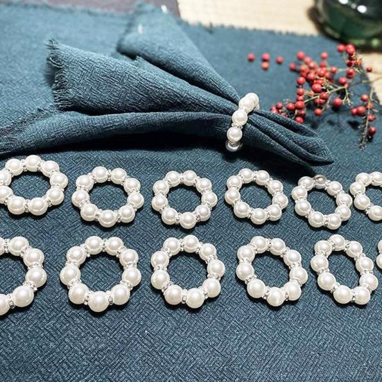 12Pcs Imitation Pearl Napkin Rings Set Elegant Rhinestone Napkin Holder Festive Celebration Table Decor for Wedding Party Banquet