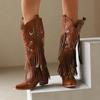 Fashion Retro Tassel Embroidered Cowgirl Mid-Calf Women Western Boots Pointed Toe Chunky High Heel Cowboy Cool All-Match Shoes