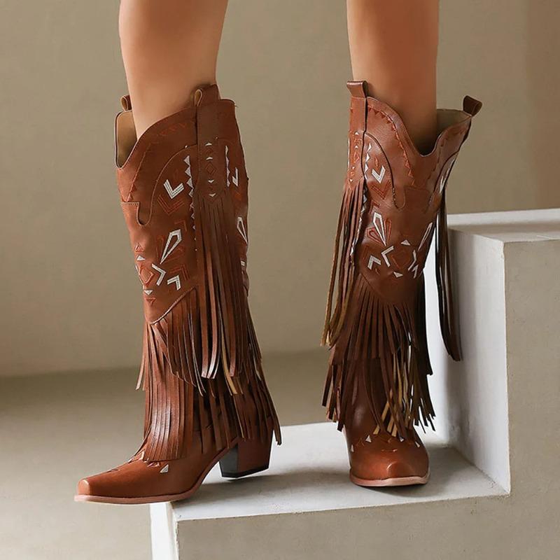 Fashion Retro Tassel Embroidered Cowgirl Mid-Calf Women Western Boots Pointed Toe Chunky High Heel Cowboy Cool All-Match Shoes