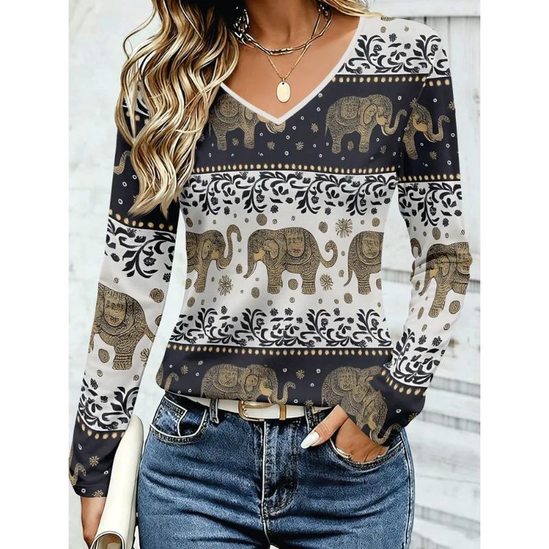 Women's Autumn 3D Printed V-Neck Long Sleeve T-Shirt