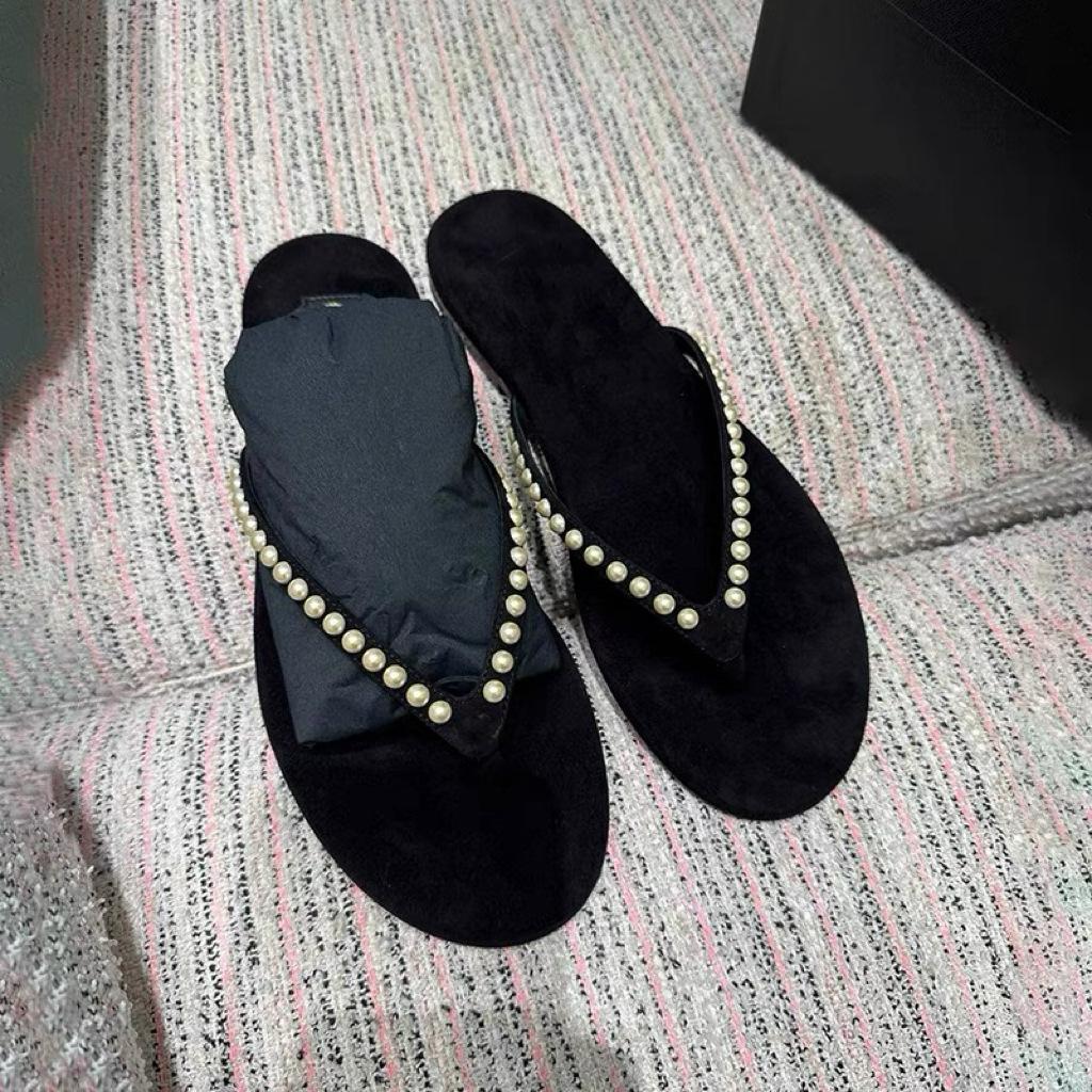 Leder Perlen Zehensandalen Damen neue flachbodige Sandalen