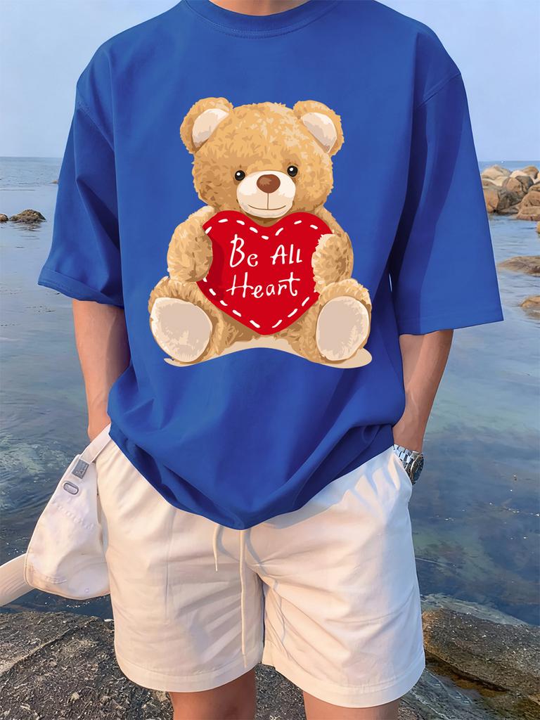 Cartoon Bear Gives You His Heart Prints TShirts Womens Summer Cotton Tops ONeck Soft Loose Short Sleeve Tees Casual Clothes