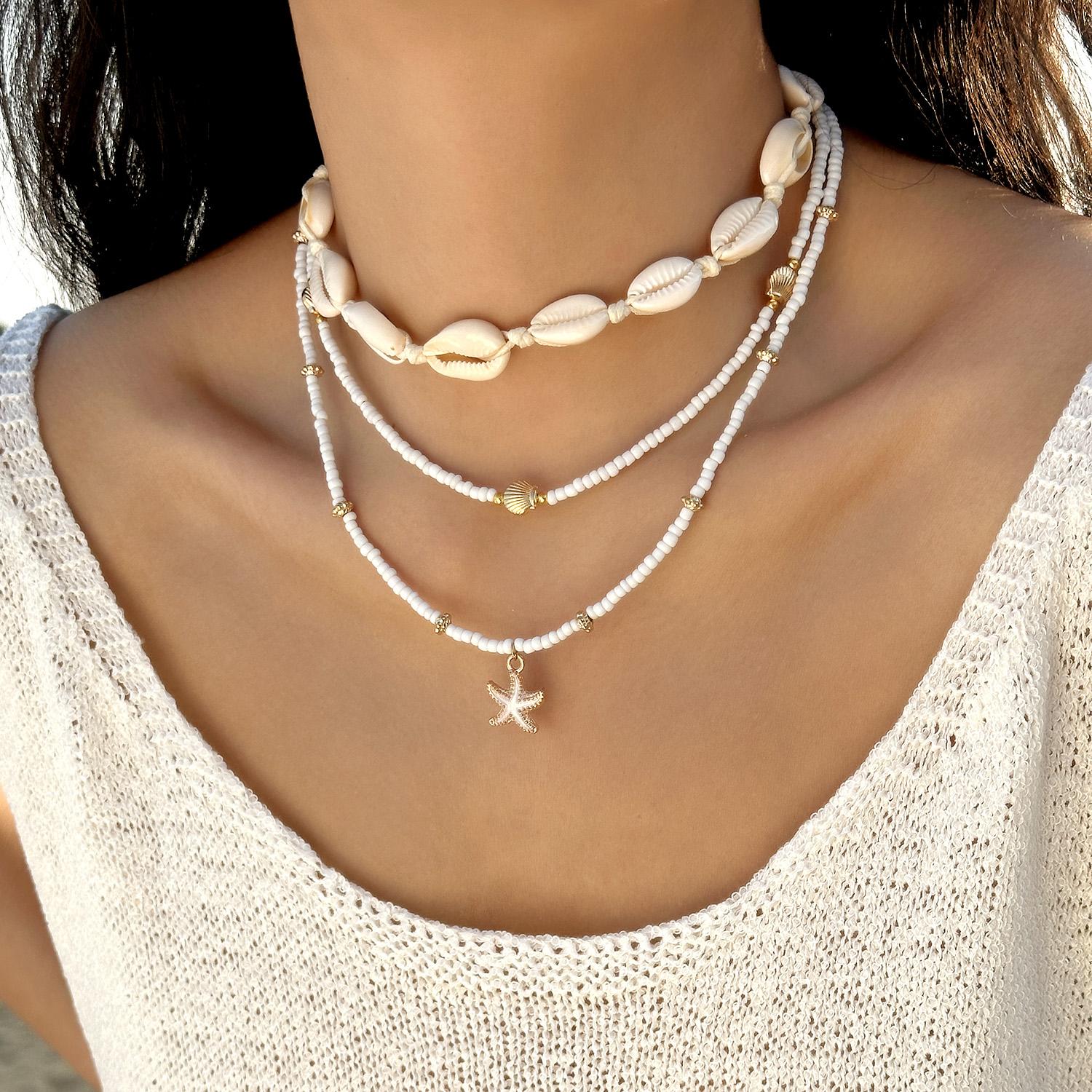 Bohemian Multilayer Starfish Sea Shell Necklace For Women Fashion Imitation Pearl Rice Beads Chain Choker Summer Beach Jewelry