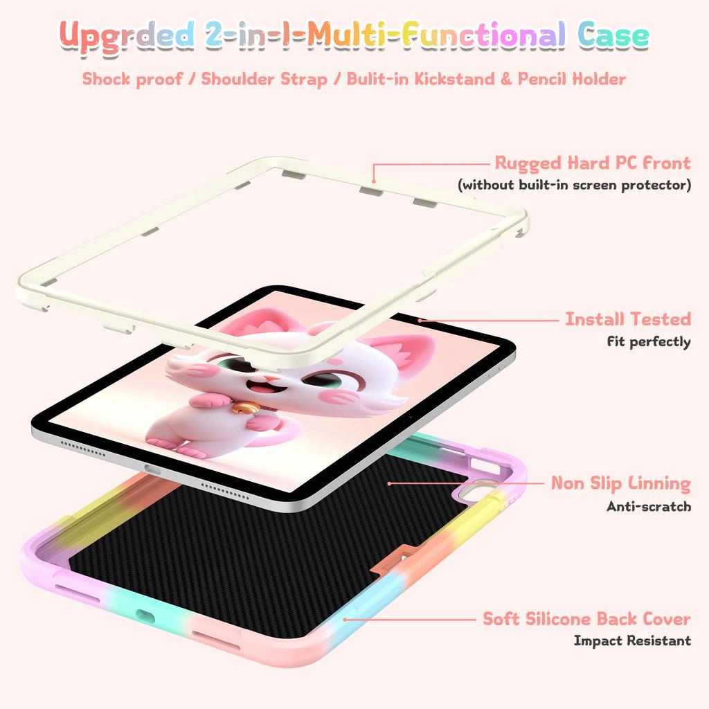 For iPad (2025)/iPad 10.9 (2022) Case PC + Silicone Colorful Tablet Cover with Cat Kickstand/Shoulder Strap