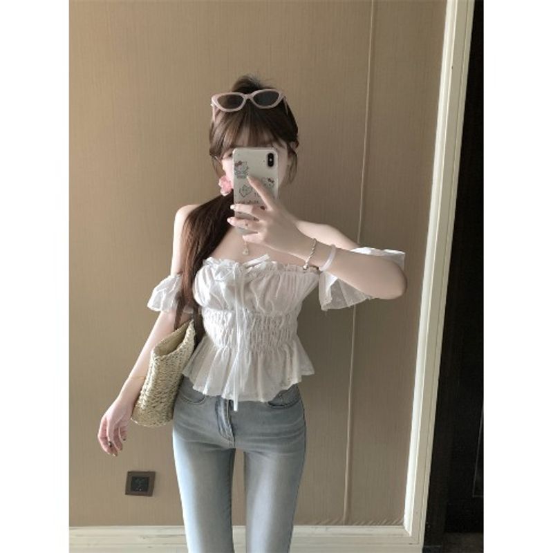 Kumikumi Pure Desire Style off-Shoulder Collar Pleat Shirts Women clothes Summer Lace-up Hollow off-Shoulder Slimming White Top