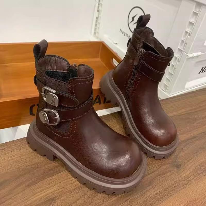 Autumn/Winter Fashionable and Versatile Leather Boots for Girls British Style Fleece-lined Short Boots Non-slip Soft-soled Cotton Boots
