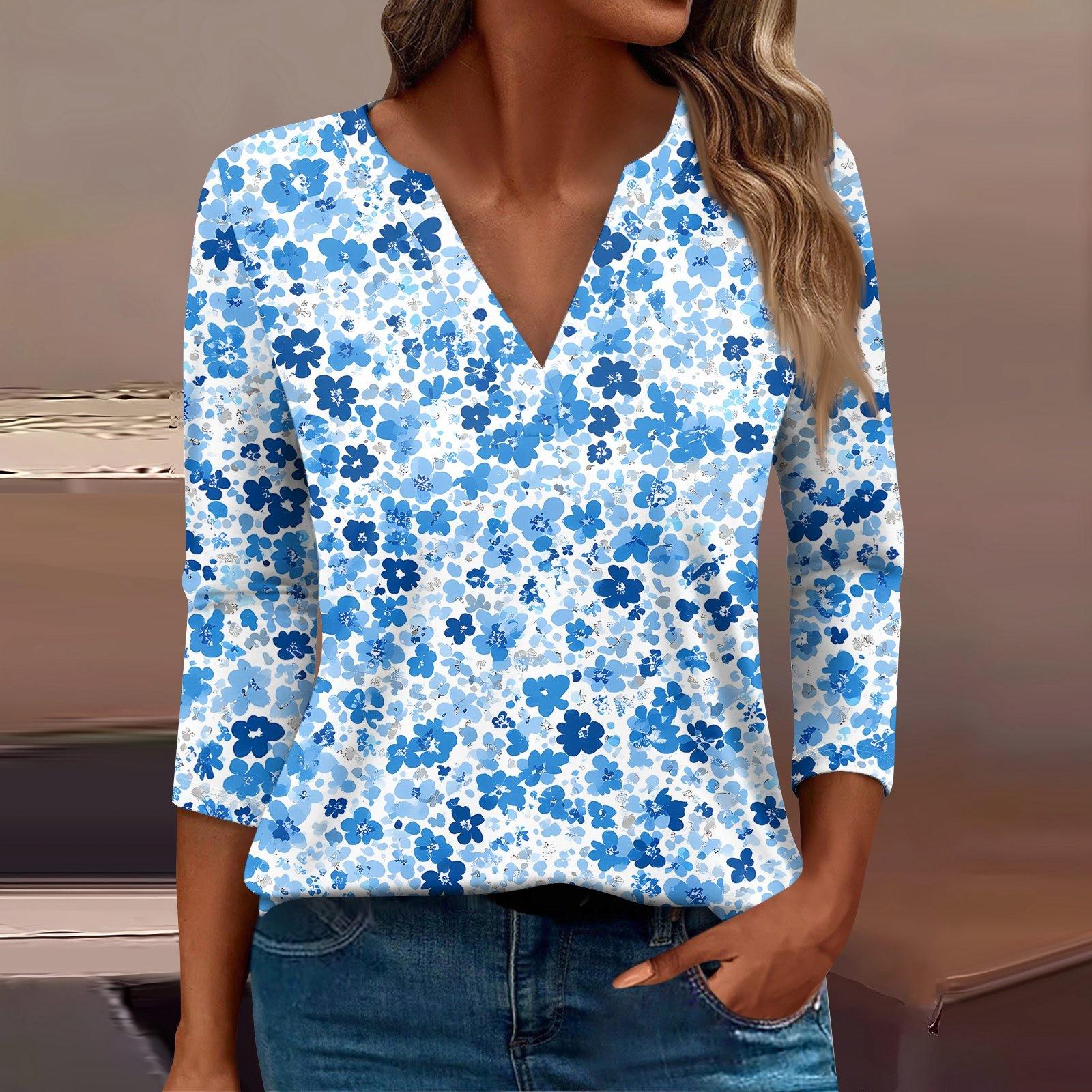 

Женская футболка Футболка с принтом Рукав 3/4 Повседневные Выходные Мода Базовый V-образный вырез Обычный топ XXXL синий