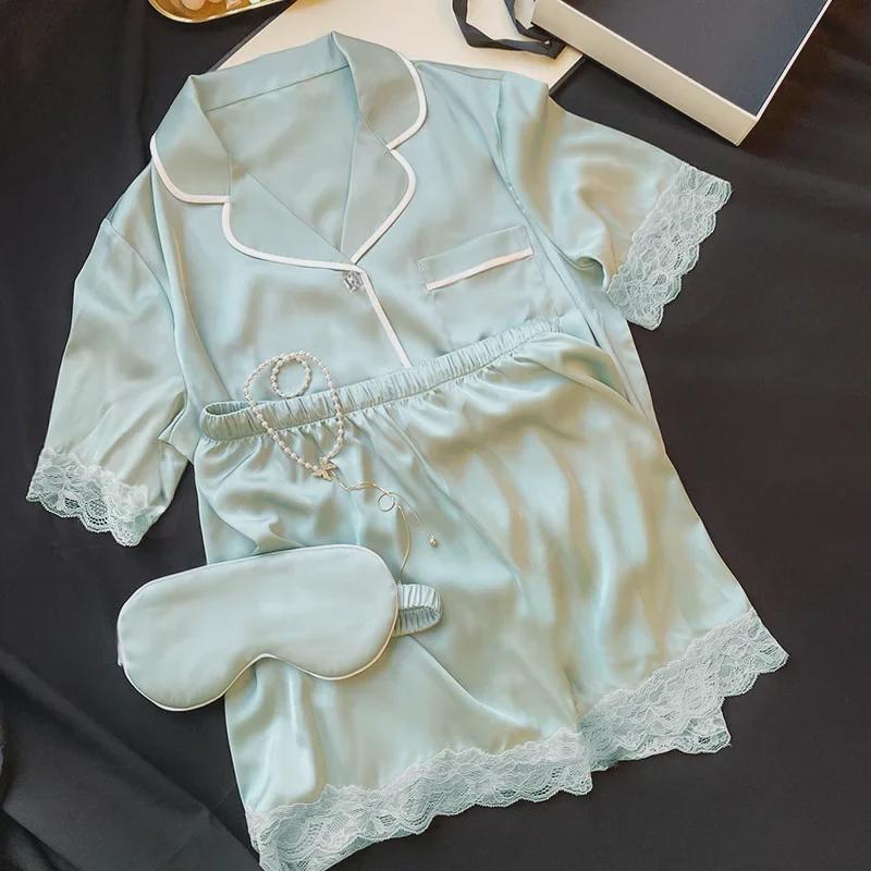 Women's Ice Silk Lace Pajama Set - Short-Sleeve, Solid Color, Princess Style, Casual Home Wear