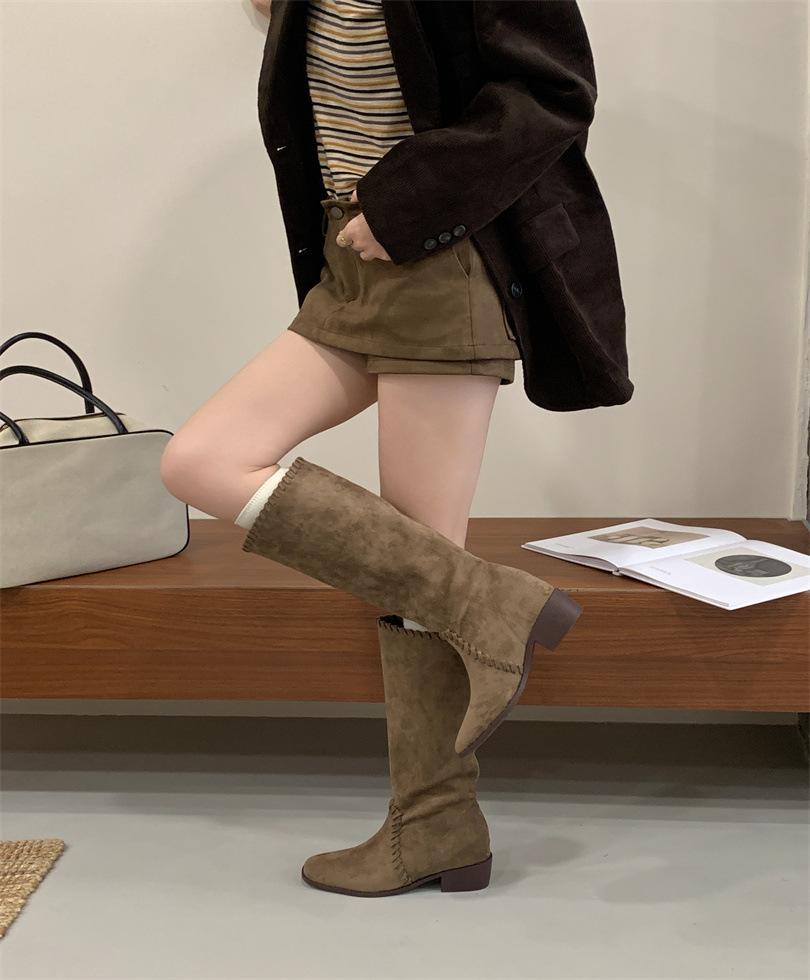 

Frosted high boots women s single boots western boots autumn new retro pointed low heel pile boots women 39 верблюд