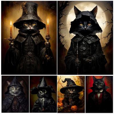 Black Cat Witch And Vampire Cat Gothic Witchcraft Wall Art Canvas Print Victorian Wicca Whimsical Animals Art Poster Print Decor No Frame