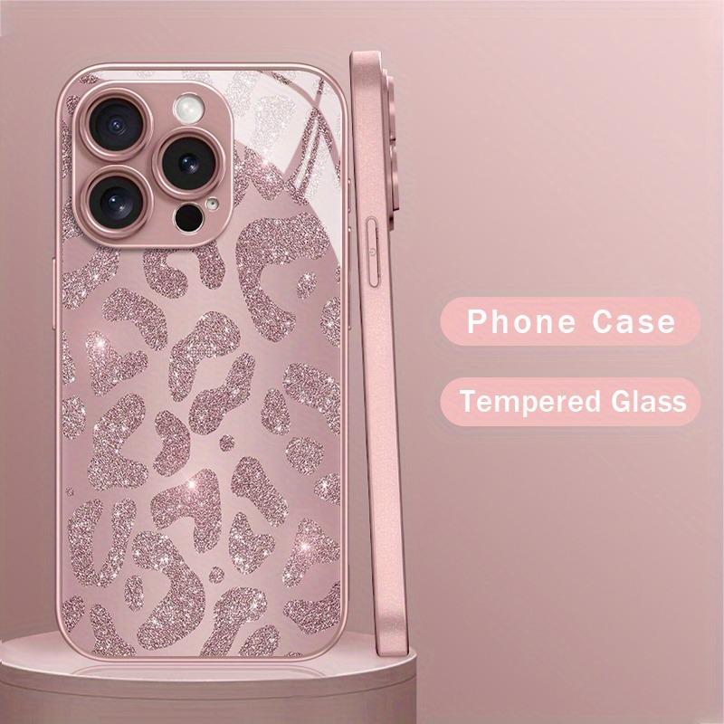Fashion Pink Leopard Print Metallic Paint Glass Hard Phone Case For iPhone 17 15 16 11 12 13 14 Pro Max Plus 16E 17Air Cover