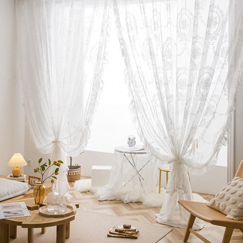 

Полупрозрачная шторная панель с оборками и цветочной вышивкой для мягкого рассеянного света, идеально подходит для окон гостиной, прочная и долговечная 140*260CM