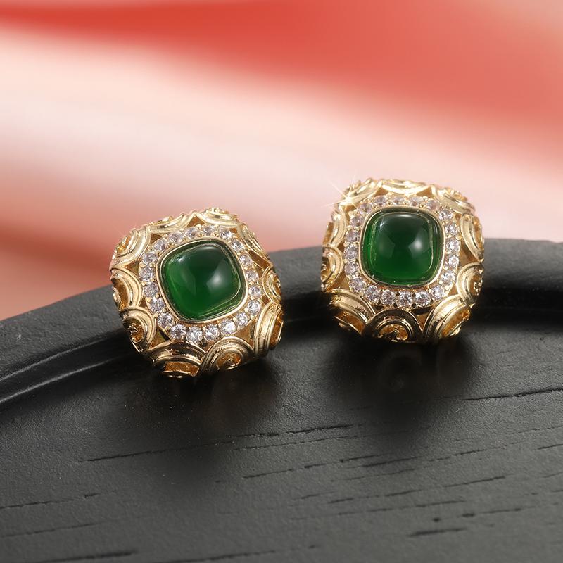 Exquisite Vintage Hand Carved Stud Earrings for Women's Elegant Green Square Chalcedony Ear Stud  Perfect Christmas Gifts