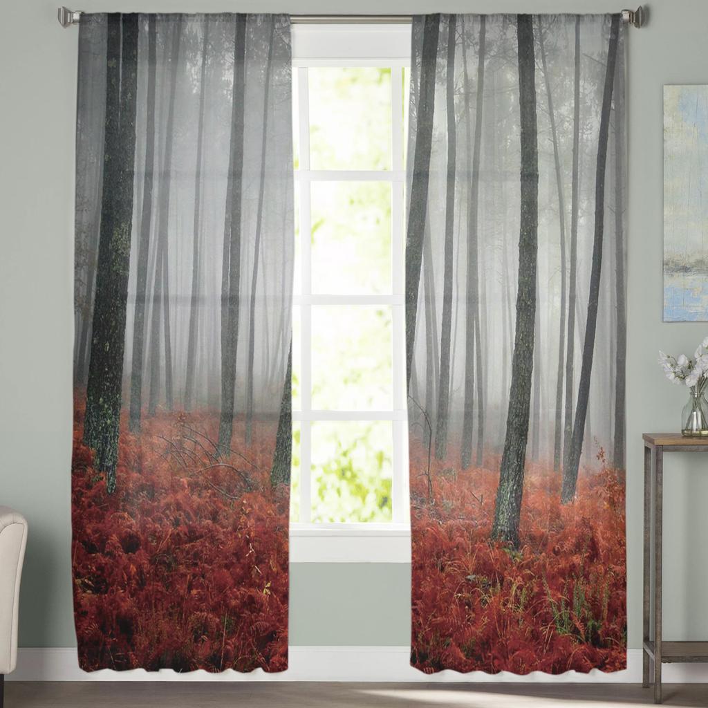 Red Leaves Forest Sheer Curtains for Living Room Modern Voile Curtain Bedroom Tulle Curtains Window Drapes Decor