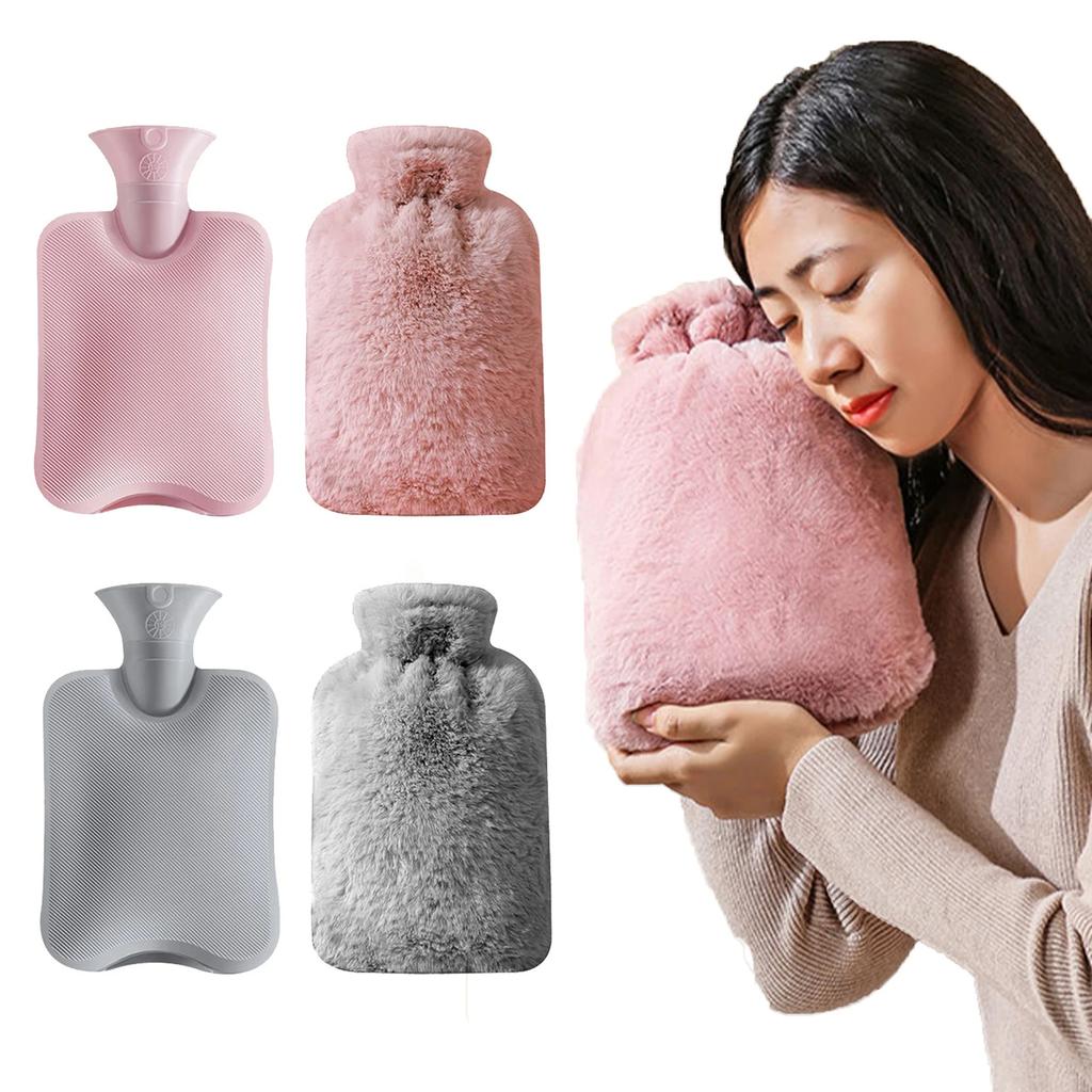 1000ML Refillable Hot Water Bag with Removeable Faux Fur Cover Winter Hand Feet Warmer Water Bottle
