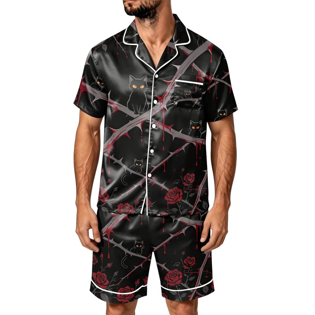 Men's Halloween Pajama Set - Satin Striped Plaid Print Short Sleeve Shirt and Shorts with Pockets, Loose Fit Two-Piece Set for Home Daily Wear
