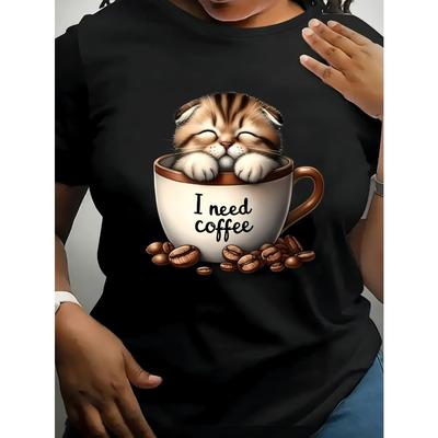Women's Casual Short Sleeve T-Shirt Cute Kitten Coffee Graphic Print Harajuku Sleeve Clothing Street Tops