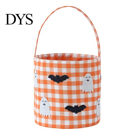 Autumn Theme Decor Halloween Bucket, Trick or Treat Basket for Kids Boys Girls, Plaid Pumpkin Party Gift Holders Bat Ghost Candy Tote Bag with Handle