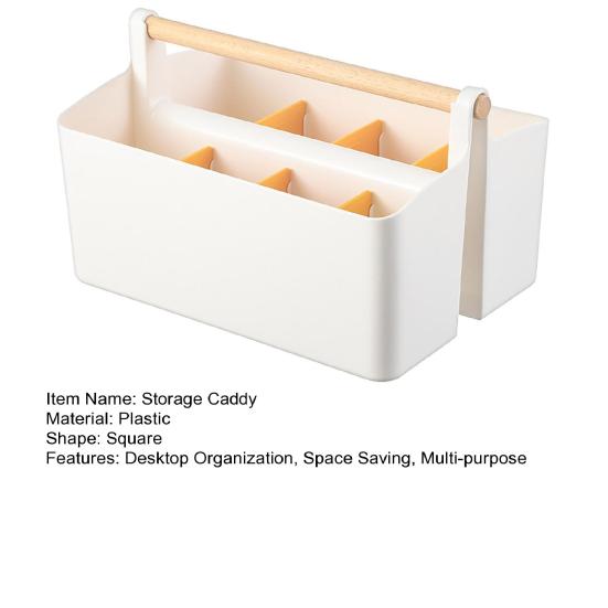 Desktop Plastic Caddy with Wooden Handle Art Supply Organizer Bin with Adjustable Dividers Makeup Basket Storage Tote for Colored Pencils Brushes