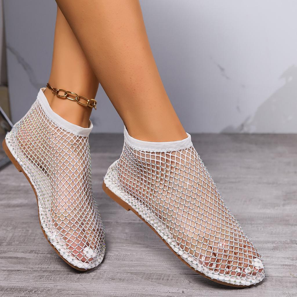 Fashion 2025 Women's New Luxury Brand Round Toe Flat Bottom Sandals Hollow Short Boots Water Diamond Sexy Flat Slippers Sandals
