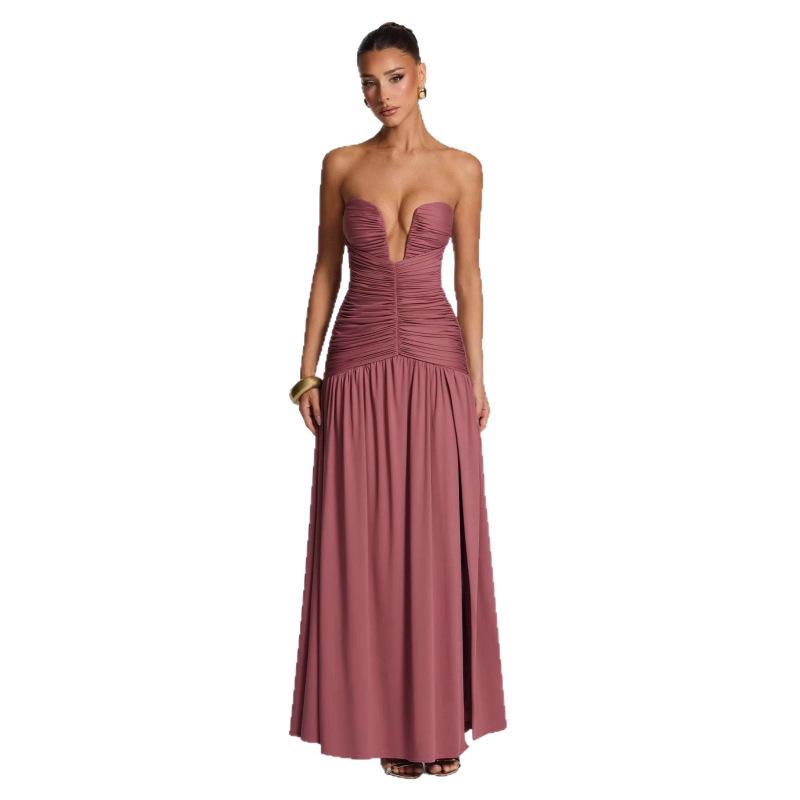 European-Style Strapless Pleated High-Slit Open-Back Evening Gown