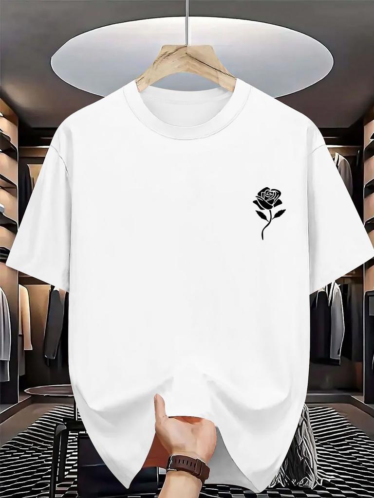 Unisex Summer Cotton Short Sleeve T Shirt Small Chest White Rose Outline Print Crew Neck Minimalist Casual Street Male Tee