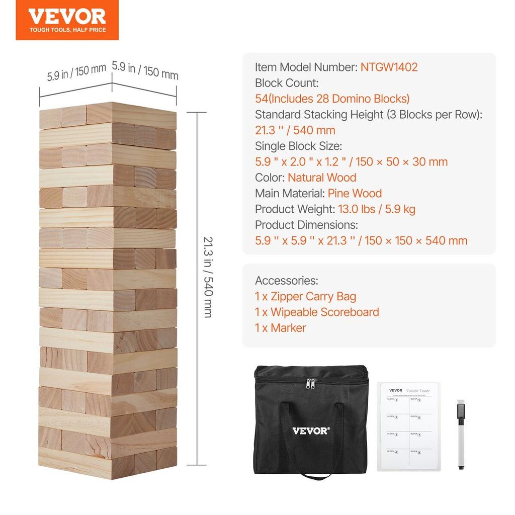 Tumbling Timber Toy, 54 Blocks Large Tumble Tower Blocks Game, Pine Wood Tumbling Tower Game with Carry Bag and Scoreboard, Wooden Stacking Game,