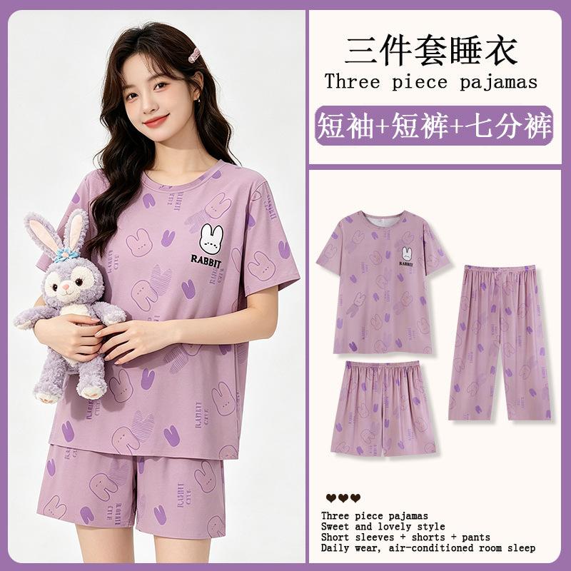 Summer casual comfortable cotton women's pajamas gentle and cute cartoon round neck short-sleeved cropped pants three-piece loungewear