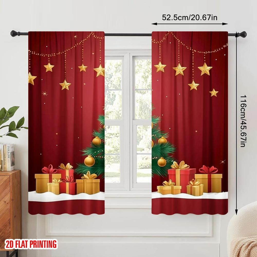2pcs,2D plane printing Pattern Curtains Christmas Tree Gifts Snow (2) Versatile Fabric (without rod) Versatile All Ldeal for