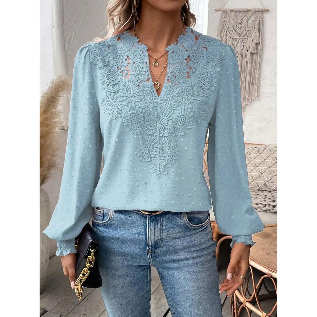 Lace Hollowed V-Neck Shirt Women Solid Color Long Sleeve Top Office Lady Elegant Daily Blouse