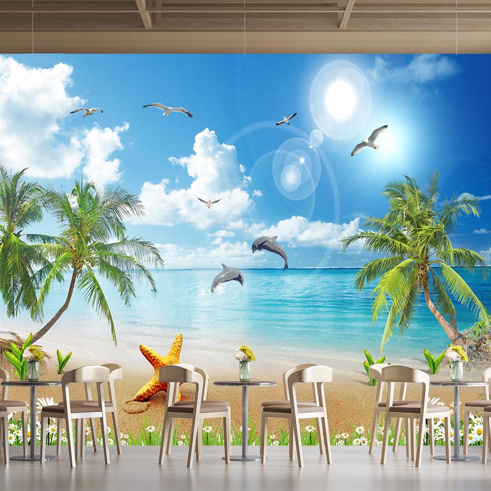 Strandlandschaft Wandbild Blauer Himmel Weiße Wolken Möwe Delfin Wandbild Kokospalme Tapete Wohnzimmer Schlafzimmer Heimdeko