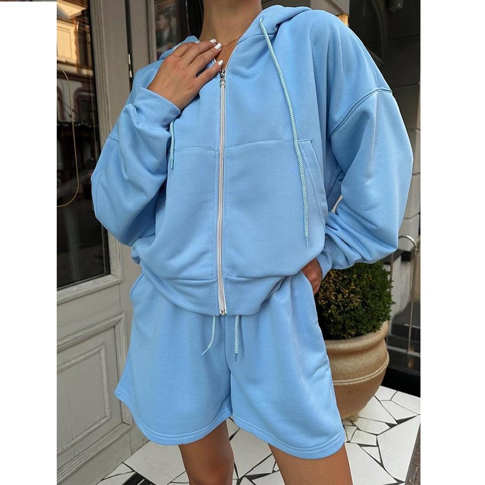 Módní dámská sportovní košile s kapucí a velkou kapsou, šortky, dvoudílná ležérní sada pro ženy