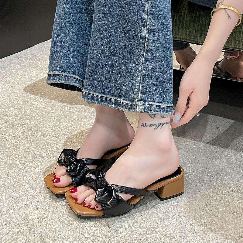 Mode Blockabsatz Pantoletten Damen Sommer Neu Eckige Zehen Offene Zehen Schleife Ausschnitt Atmungsaktiv Rutschfest Abriebfest Hohe Absätze