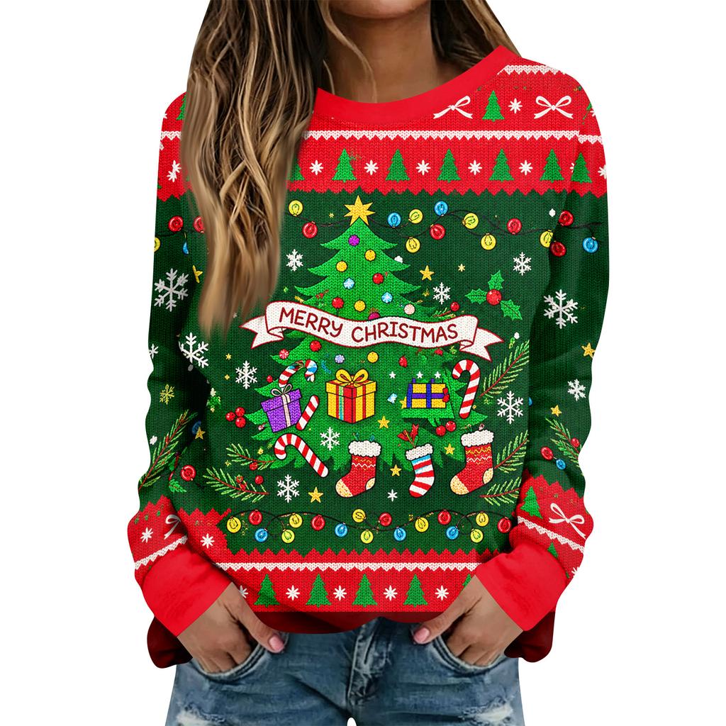 Women's Casual Christmas Print Long Sleeve Neck Top for Holiday and Everyday Wear