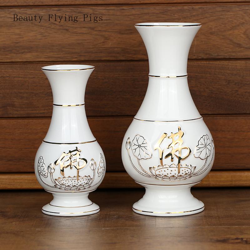 1PCS ceramic gold-plated lotus and Buddha shaped vase Guanyin water purification bottle altar for Buddha decoration