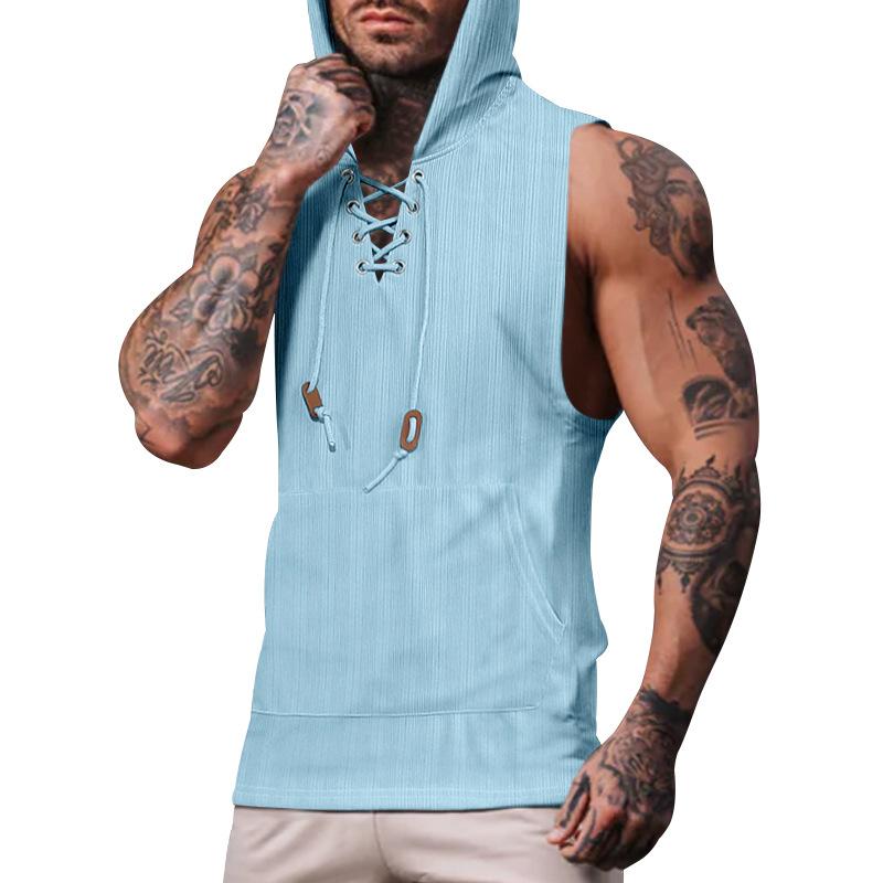 Summer Thin Casual Hooded Pure Color Lace-up Sleeveless Men's Tank Tops