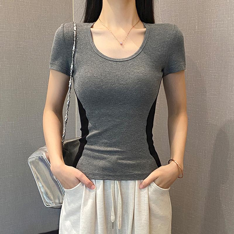Summer Cotton Color Block T Shirts Women‘s Simple O-neck Short-sleeve T-shirt Casual Slim Elastic Skinny Y2k Tops Women Clothes