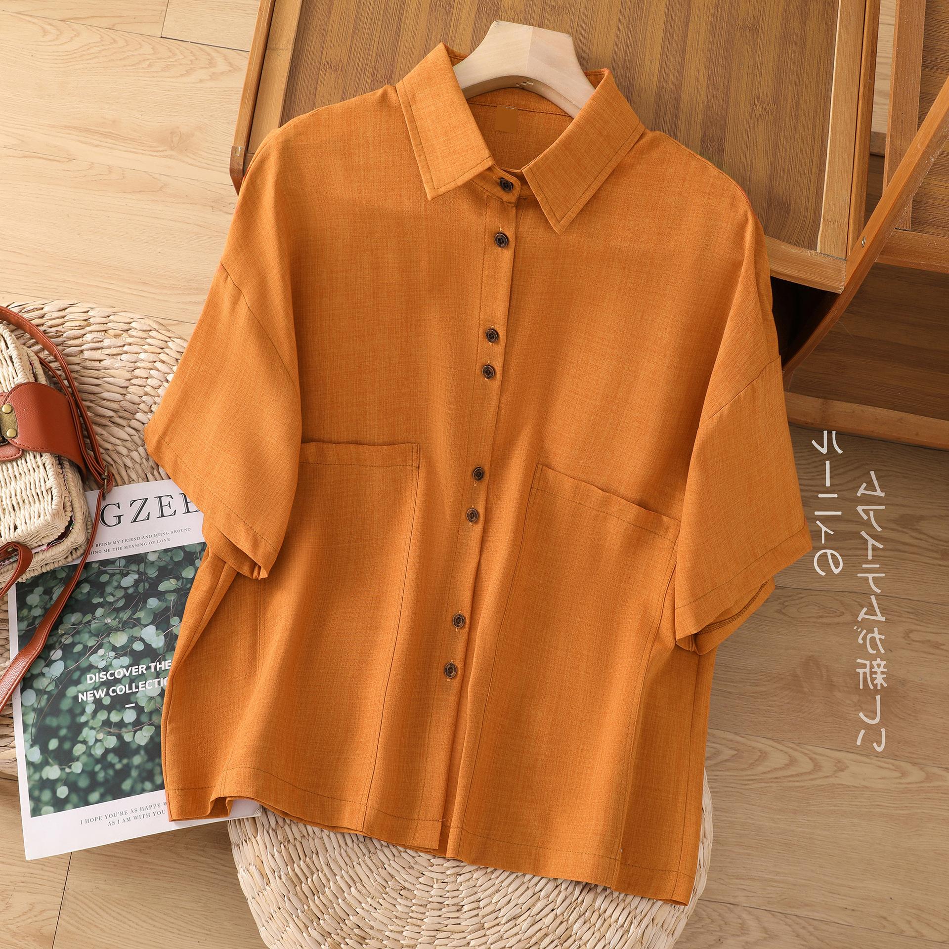 

Solid color cotton and linen shirt women s 2025 summer new literary fried color Polo collar five-quarter sleeve temperament thin top trendy 2XL