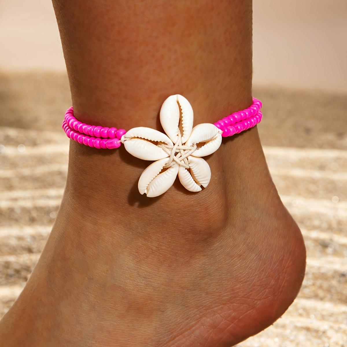1 Bohemian Ocean-Style Resin Scallop Shell Woven Flower Anklet with Colorful Beads—Women s Party Footwear розовый