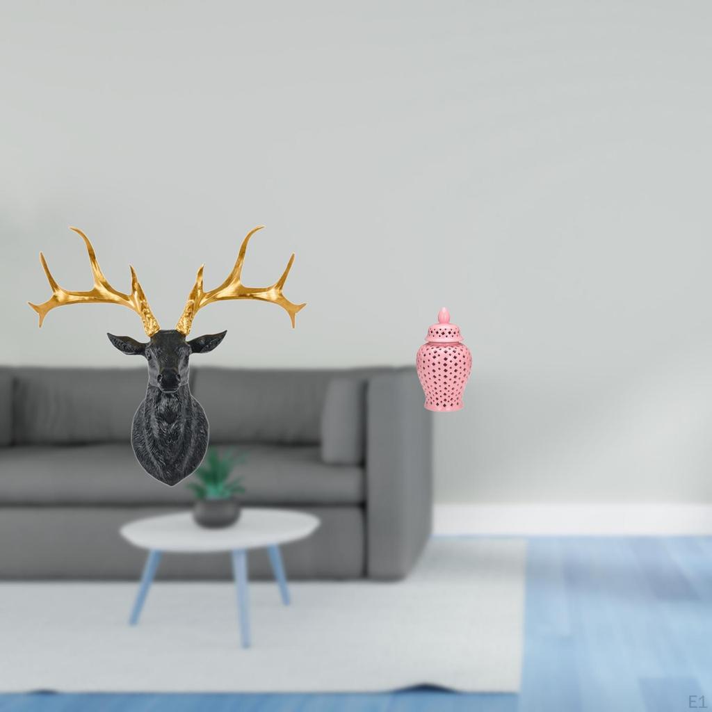 Boho Resin Deer Head Sculpture Wall Decor And Ceramic Ginger Jar Porcelain Vase with Lid for Office