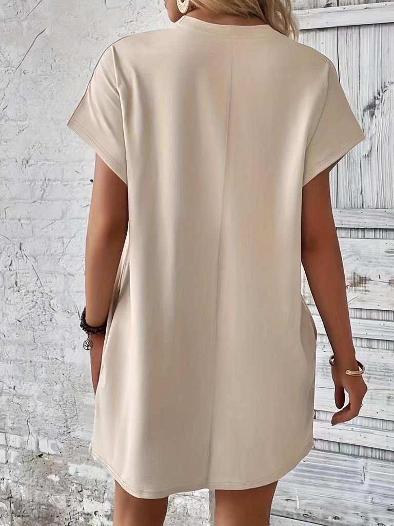 2024 Women's Solid Color Round Neck Loose Short Sleeve Pocket Dress - Spring/Summer Collection