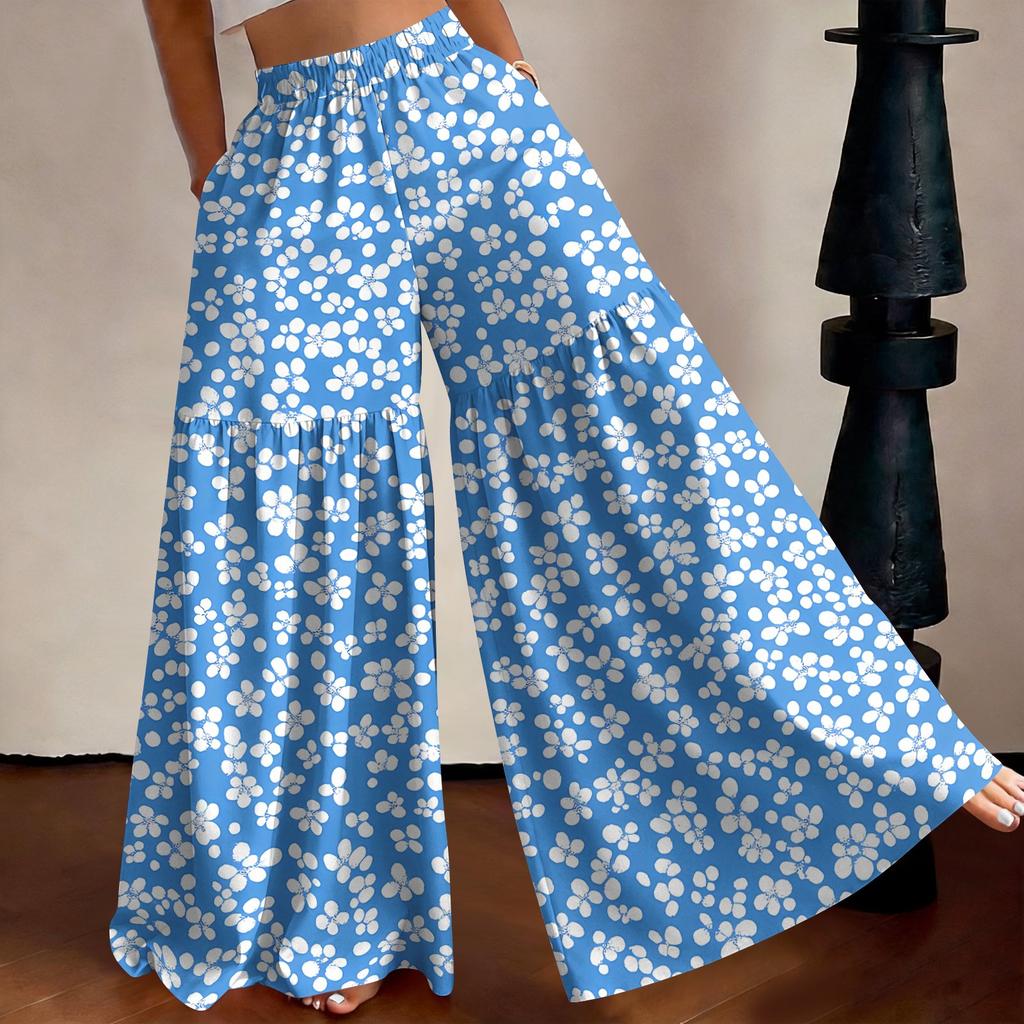 Women's High Waist Wide Leg Pants Loose Fit Lightweight Breathable Floral Print Casual Palazzo Trousers for Summer