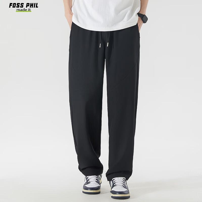 Foss Phil Men's Casual Pants, Spring And Summer Ice Silk Thin Simple Straight Comfortable Cool-Feeling Trousers, 008 Black L