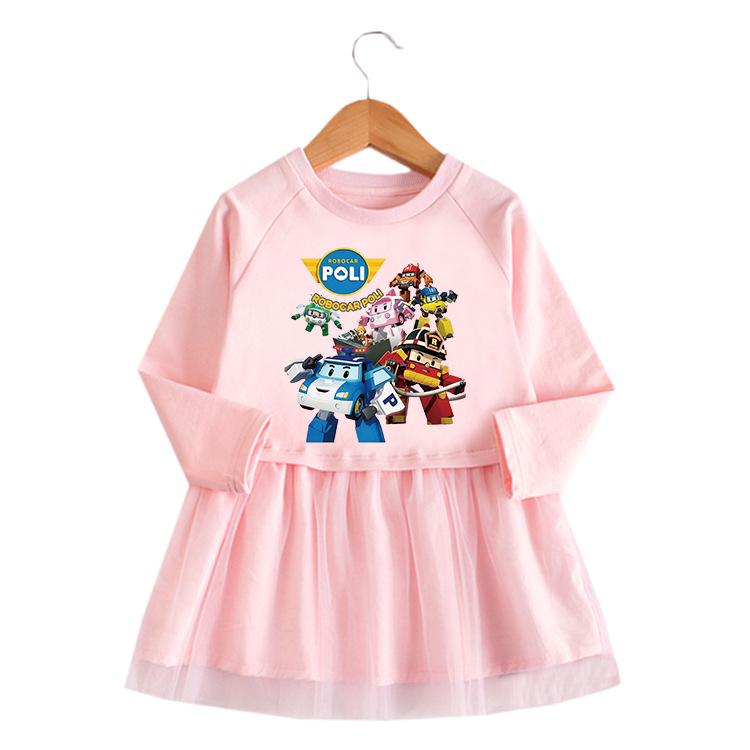 Korean Style Baby Girl Cartoon Ruffle Dress - Long Sleeve Elegant Mesh Pleated Skirt